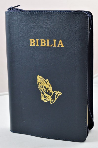 Biblia mare, din piele, culoare bleumaren, fermoar, margini aurii, simbol - maini in ruga, cuv. lui Isus in rosu [ SB 073 PFR]