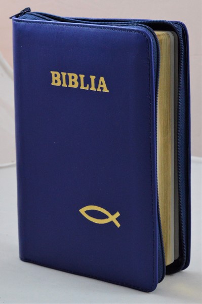 Biblia din piele, medie, indigo, fermoar, aurita, simbolul peste, cuv. lui Isus cu rosu [052]