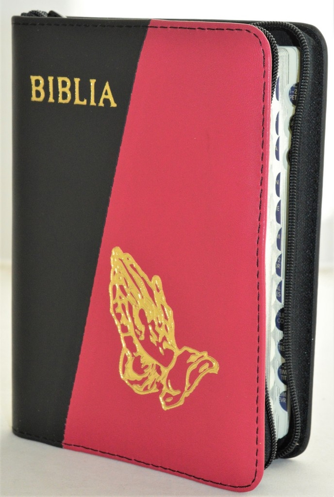 Biblia format mic, din piele, culoare negru / roz, index, fermoar, margini argintii, simbolul maini in ruga, cuv. lui Isus in rosu [047 PFI]