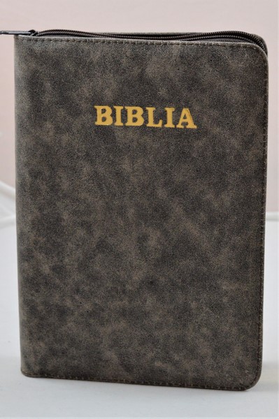 Biblia din piele, medie, nuante de maro, fermoar, aurita, cuv. lui Isus cu rosu [052]
