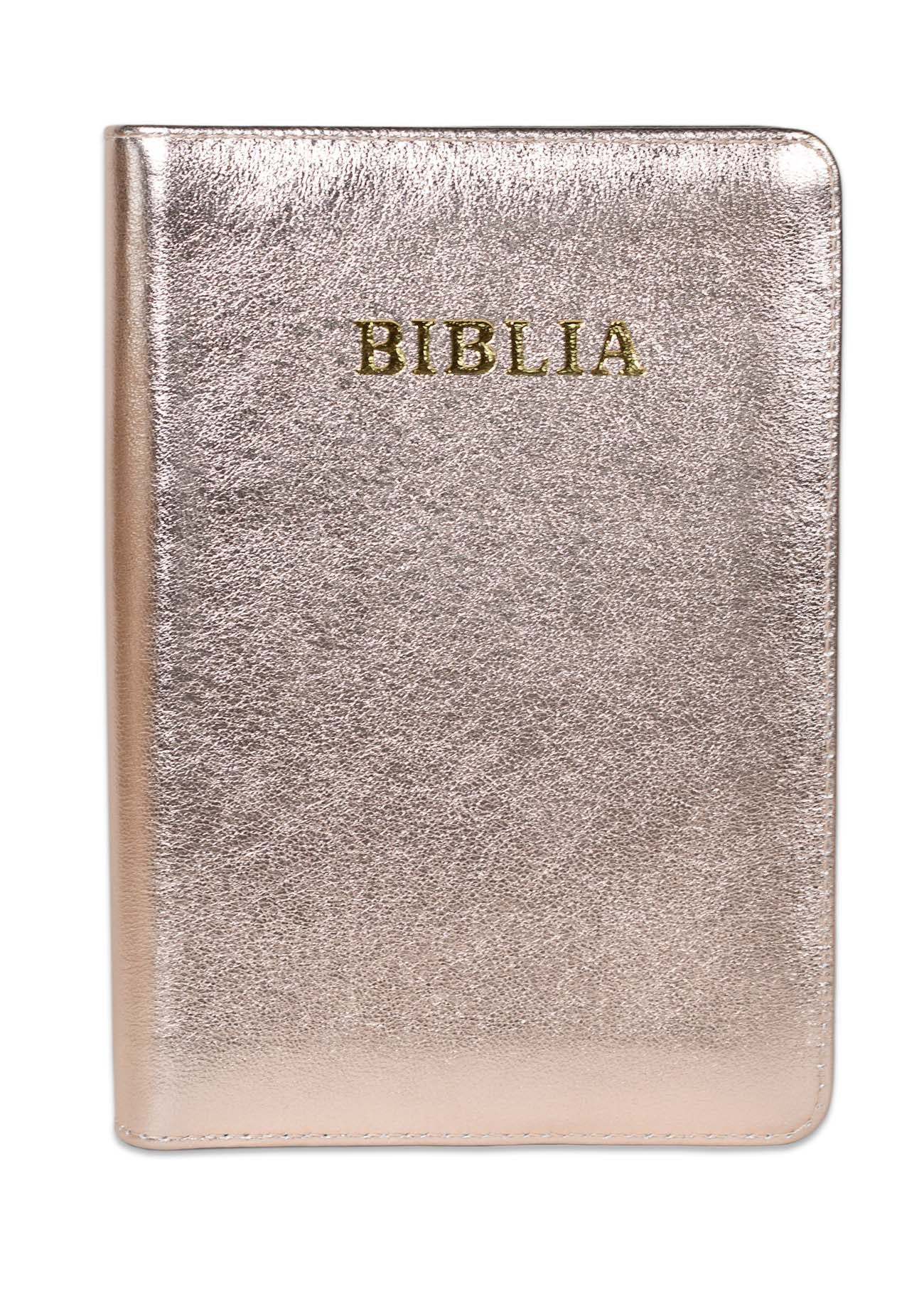 Biblia din piele, marime medie, culoare roz sidefat, margini albe, fermoar, cuv. lui Isus cu rosu [053]