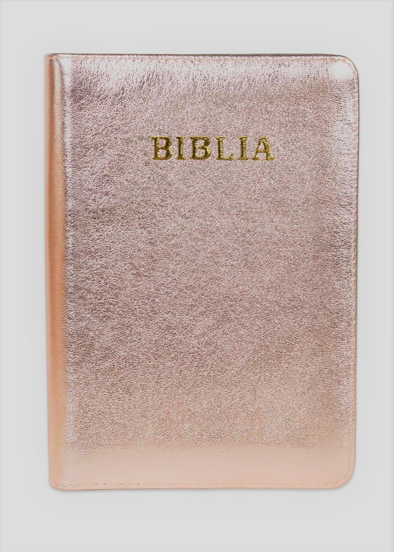 Biblie din piele, marime medie, roz coral sidefat, fermoar, margini albe, cuv. lui Isus cu rosu [053]