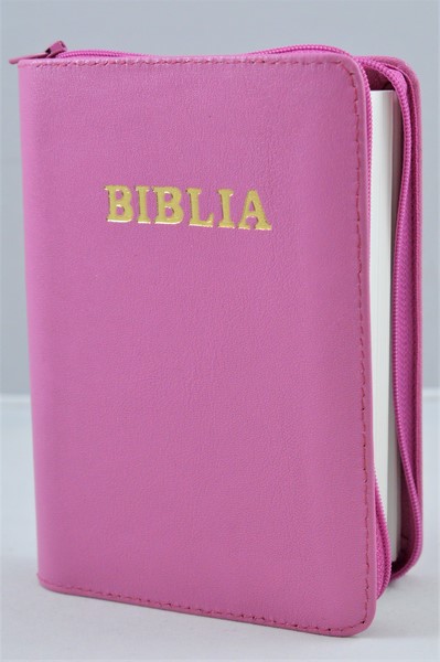 Biblie din piele, mica,roz, fermoar, margini albe, cuv. lui Isus in rosu [043 PF]