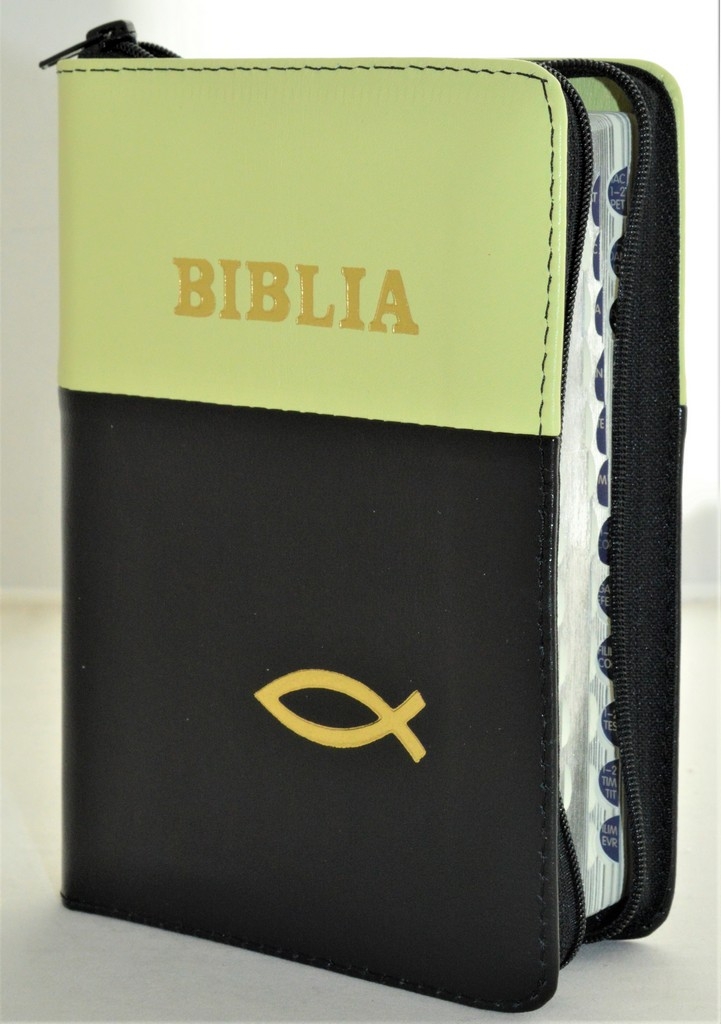 Biblia format mic, din piele, culoare verde deschis cu negru, index, fermoar, margini argintii, simbolul peste, cuv. lui Isus in rosu [047 PFI]