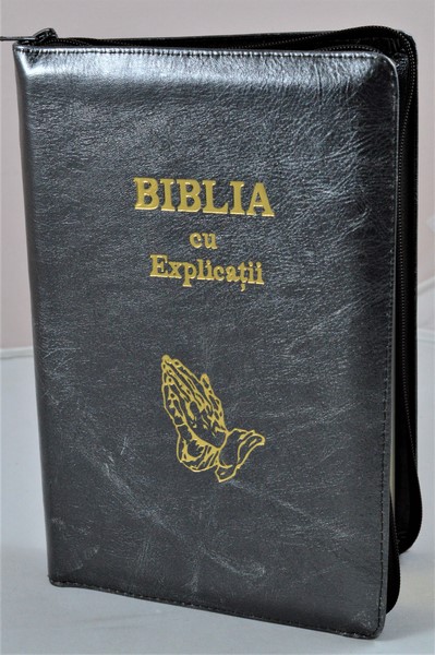 Biblia cu explicatii + concordanta biblica, piele naturala, bronz sidefat, fermoar, index, aurita, cuv. lui Isus cu rosu, simbol maini [CO 77 PFI]