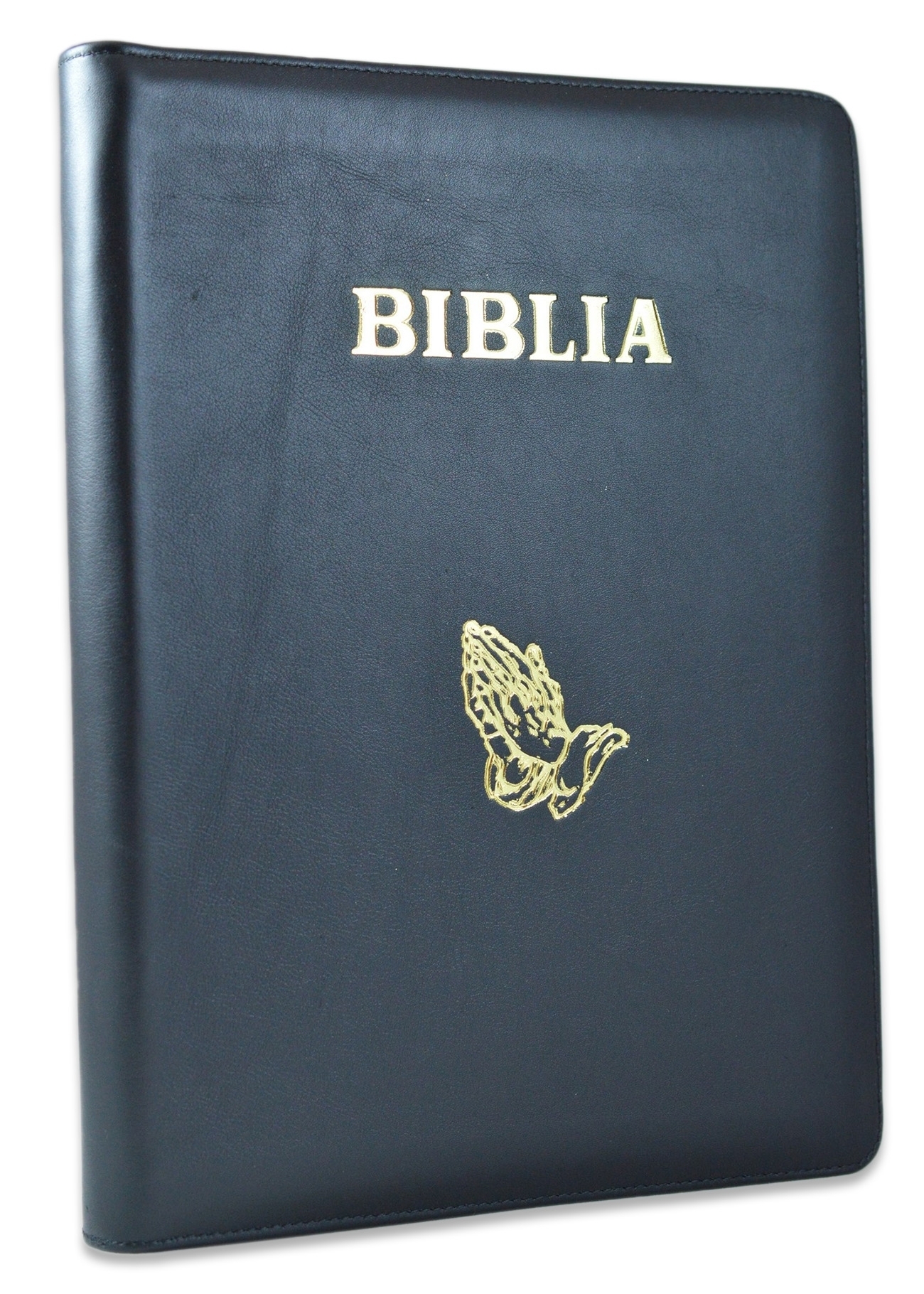 Biblia foarte mare, scris foarte mare, coperta piele naturală, neagră, fermoar, măini în rugăciune margini aurii, cuv. lui Isus cu rosu [093 PFA]