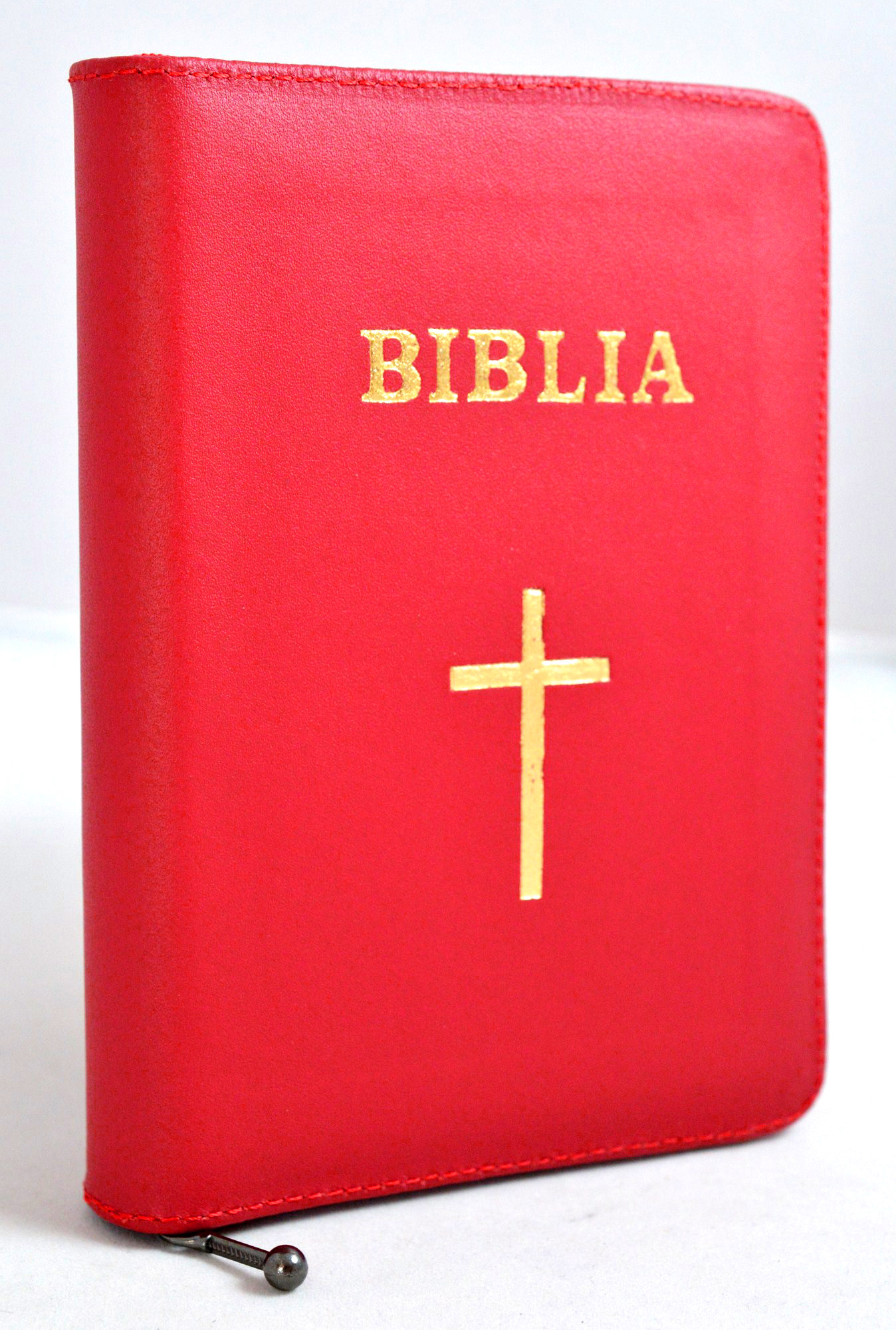 Biblia format mic, din piele, culoare rosie, index, fermoar, margini argintate, simbol - cruce, cuv. lui Isus in rosu [047 PFI]