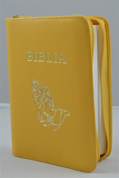 Biblie din piele, mica, galbena, fermoar, margini albe,simbol maini in ruga, cuv. lui Isus in rosu [043 PF]