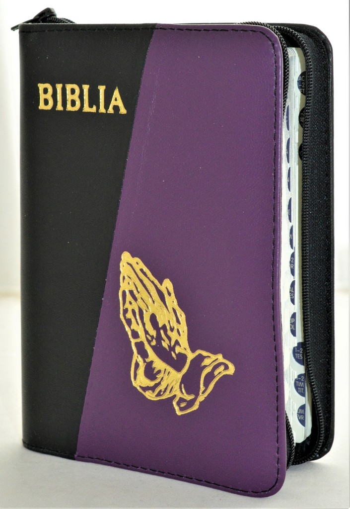 Biblia format mic, din piele, culoare negru / mov inchis, index, fermoar, margini argintii, simbolul maini in ruga, cuv. lui Isus in rosu [047 PFI]