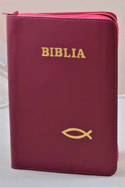 Biblia din piele, medie, roz inchis, fermoar, aurita, simbolul peste, cuv. lui Isus cu rosu [052]