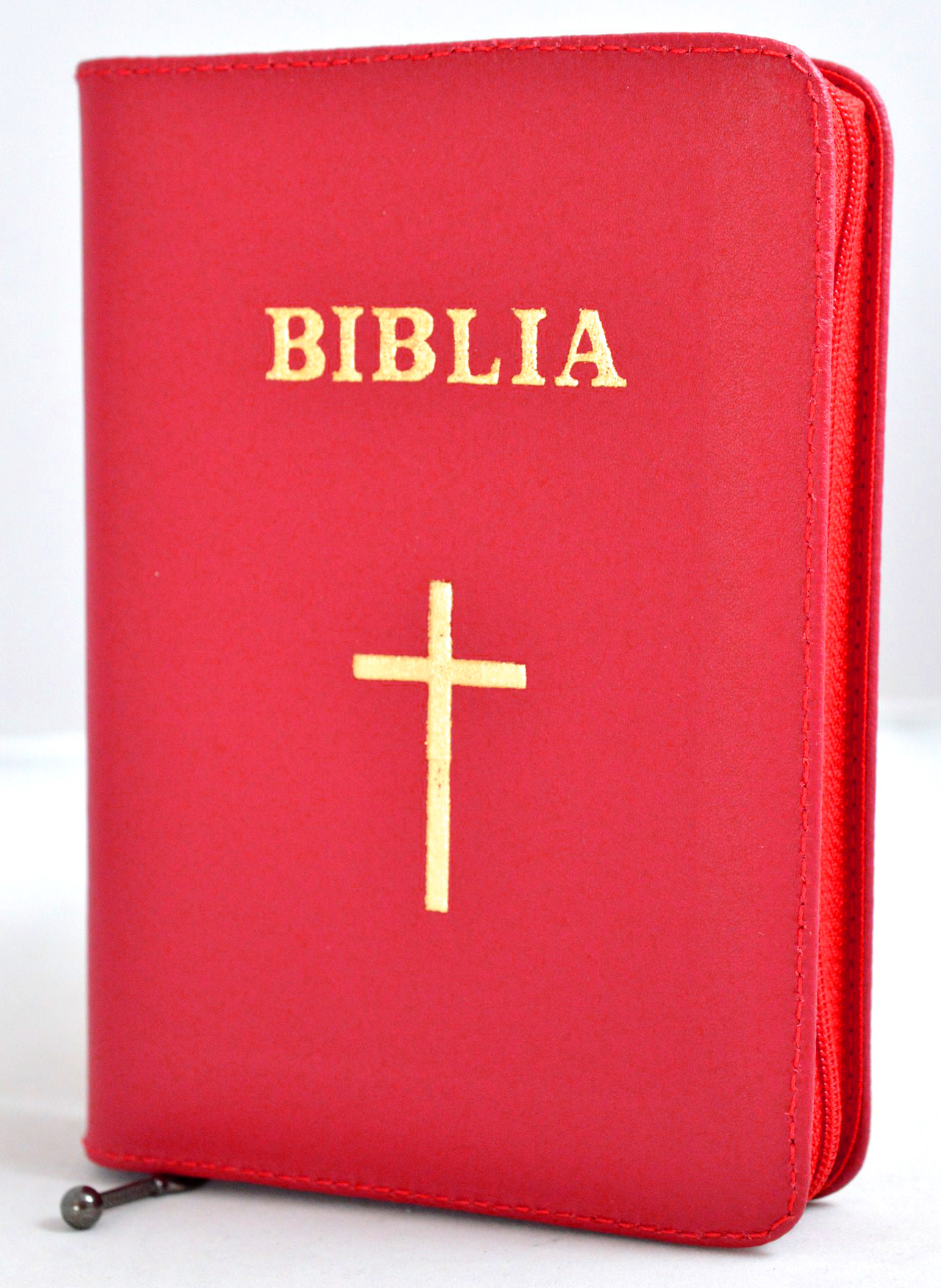 Biblie marime mica, din piele, culoare rosie, simbol cruce, fermoar [043 PF]