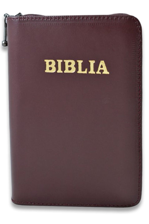 Biblie din piele, mica,visiniu inchis, fermoar, margini albe, cuv. lui Isus in rosu [043 PF]