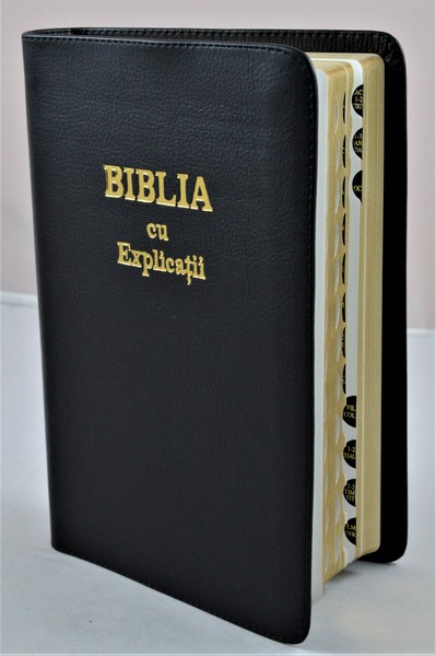 Biblia cu explicatii + concordanta biblica, piele naturala, neagra, fara fermoar, index, aurita, cuv. lui Isus cu rosu [CO 77 PI]