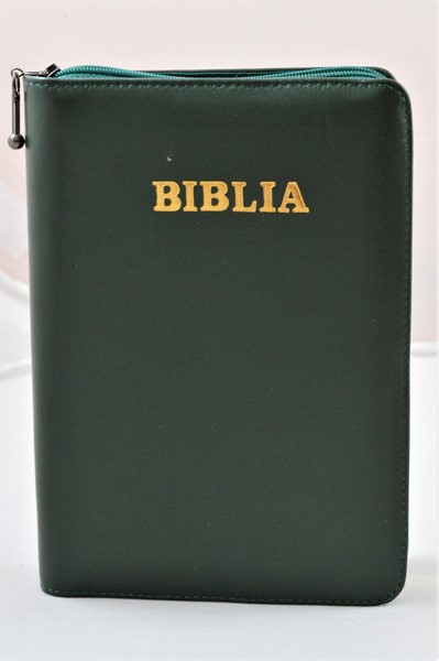 Biblia din piele, medie, verde inchis, fermoar, aurita, cuv. lui Isus cu rosu [052]