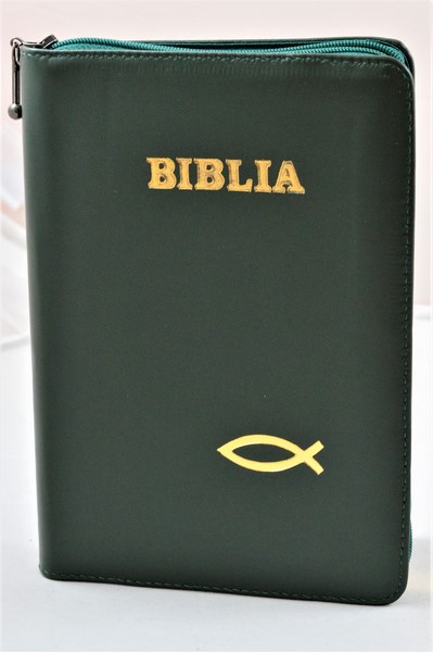 Biblia din piele, medie, verde inchis, fermoar, aurita, simbolul peste, cuv. lui Isus cu rosu [052]