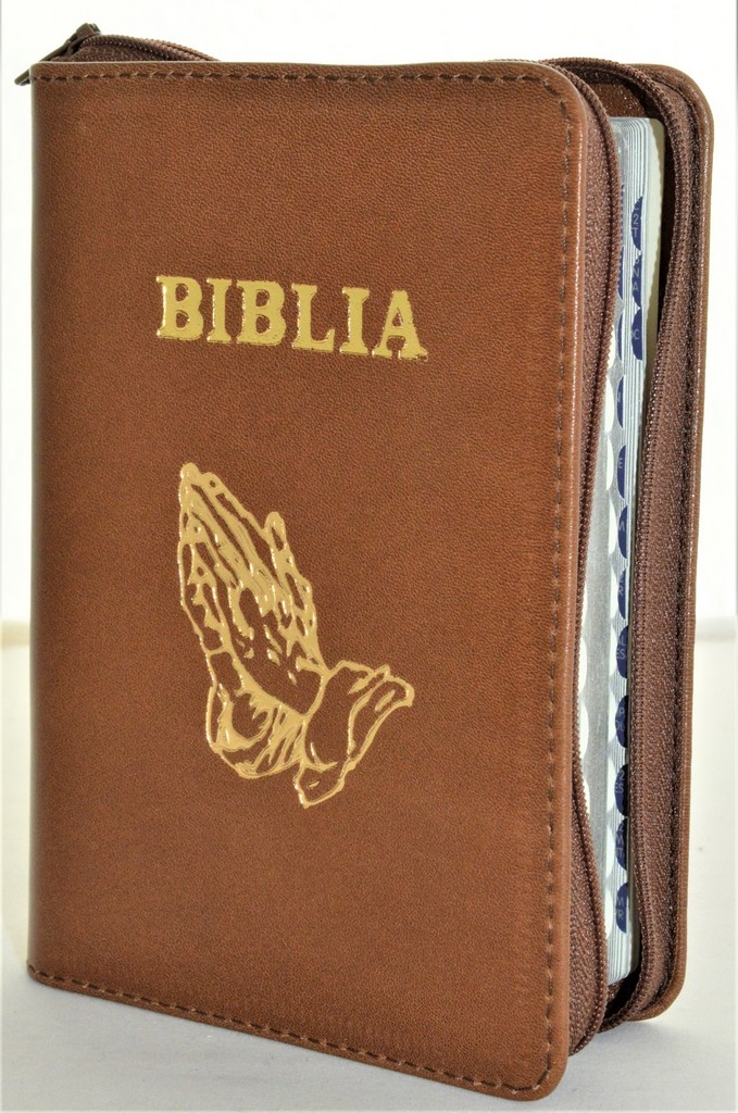 Biblia format mic, din piele, culoare maro, index, fermoar, margini argintii, simbolul maini in ruga, cuv. lui Isus in rosu [047 PFI]