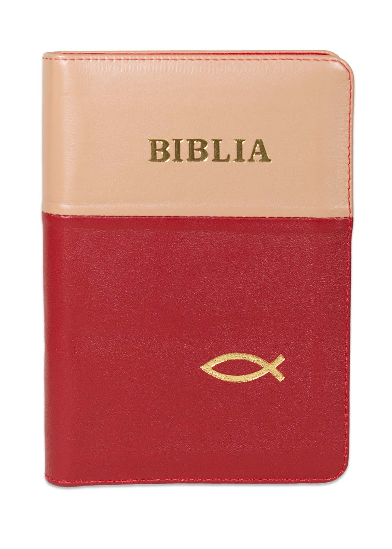 Biblie din piele, marime medie, culoare cappuccino cu rosu, simbol peste, fermoar, index, margini aurii, cuv. lui Isus cu rosu [SB 057 PFI]