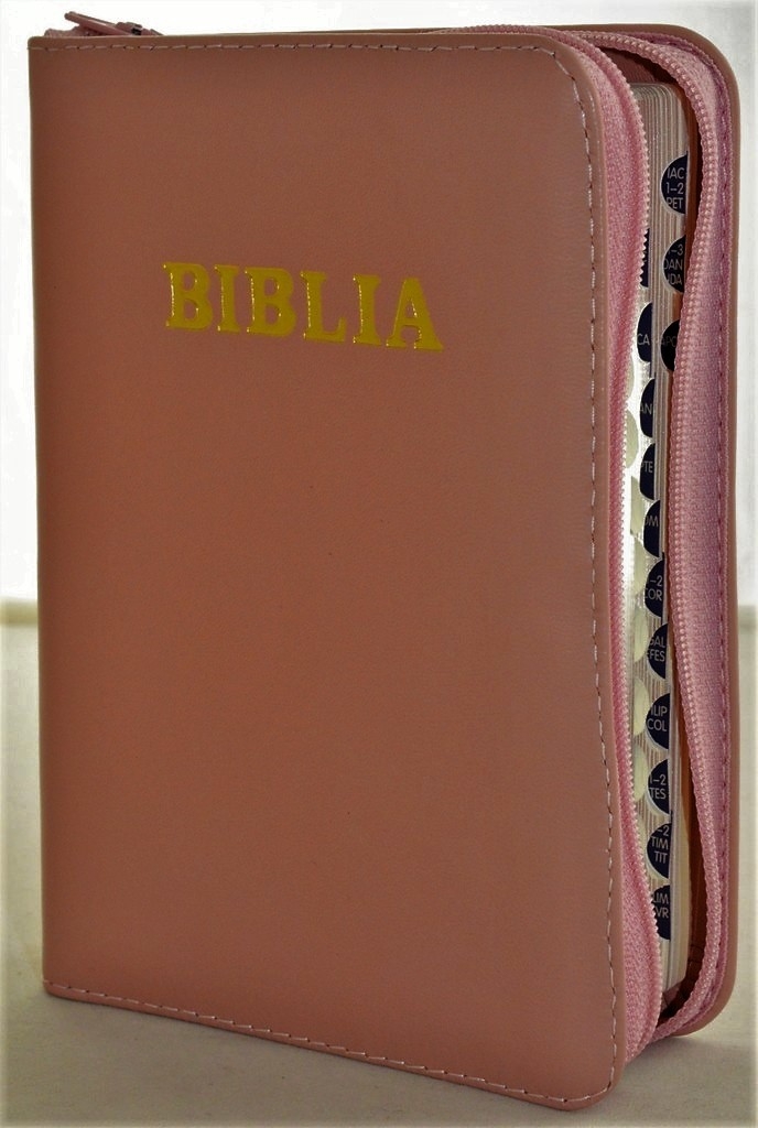 Biblia format mic, din piele, culoare, roz pal,  index, fermoar, margini argintii, cuv. lui Isus in rosu [047 PFI]