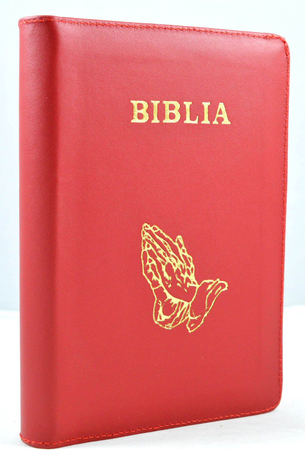 Biblia marime medie, din piele, rosie, fermoar, simbol maini [063 PF]