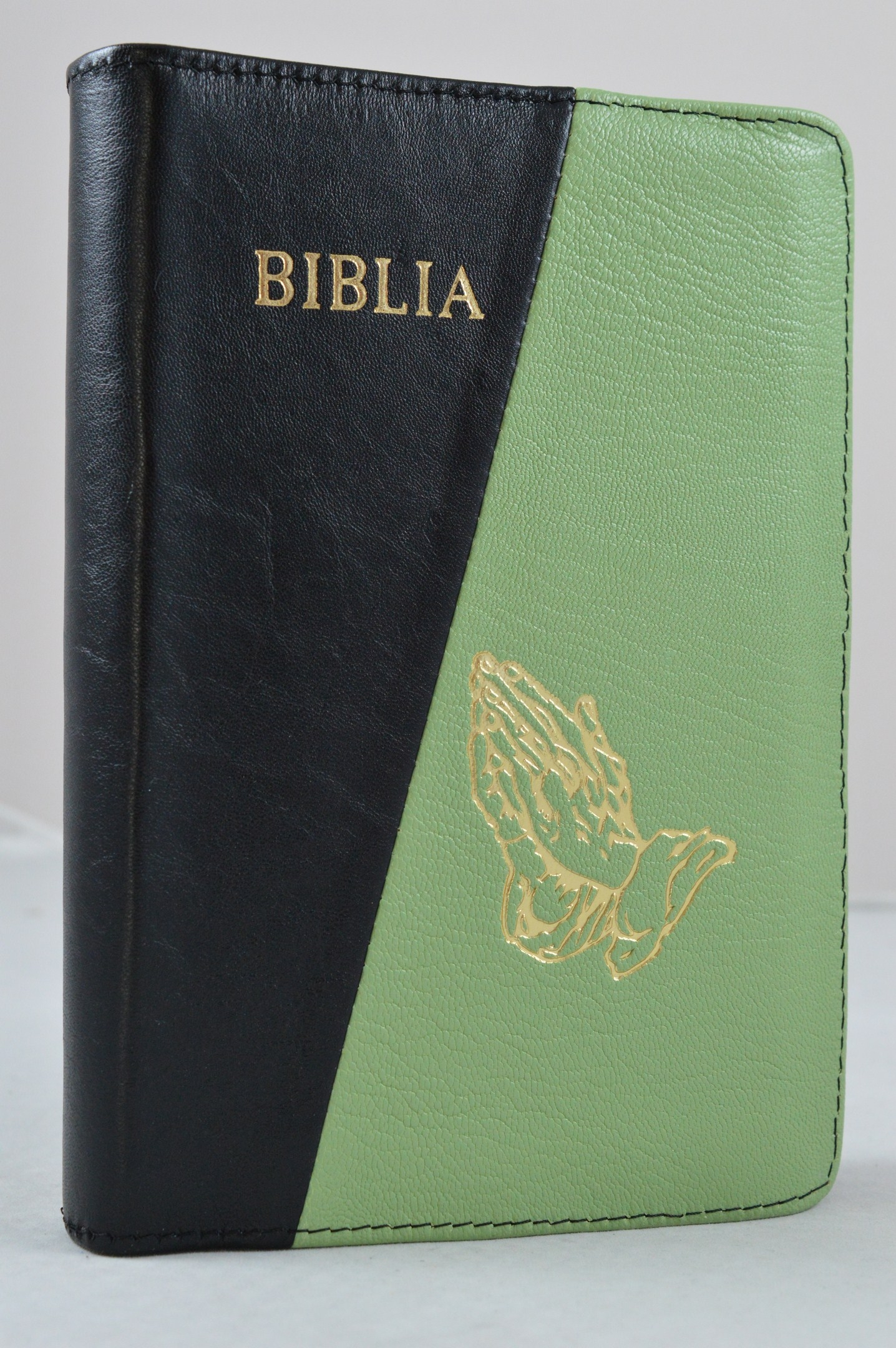 Biblie din piele, marime medie, culoare negru cu verde deschis, simbol maini in rugaciune, fermoar, index, margini aurii, cuv. lui Isus cu rosu [SB 057 PFI]