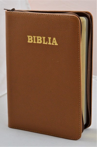 Biblia din piele, medie, maro, fermoar, aurita, cuv. lui Isus cu rosu [052]