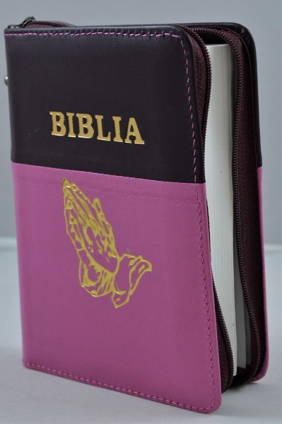 Biblie din piele, mica, visiniu/roz, fermoar, margini albe, simbolul maini in ruga, cuv. lui Isus in rosu [043 PF]