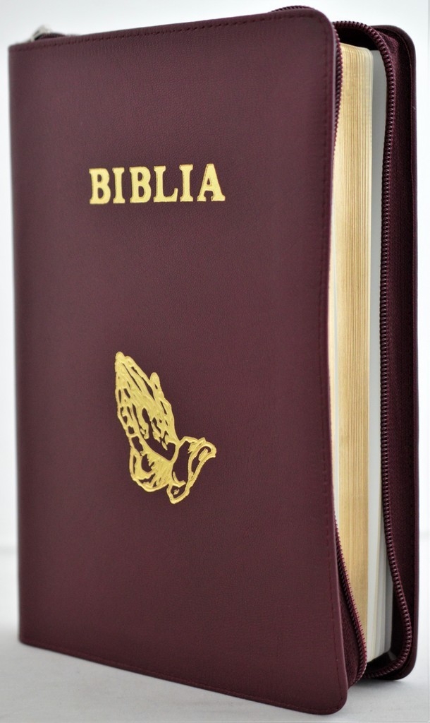 Biblia mare, din piele, visinie, fermoar, margini aurii, cu maini, cuv. lui Isus in rosu [073 PFR]