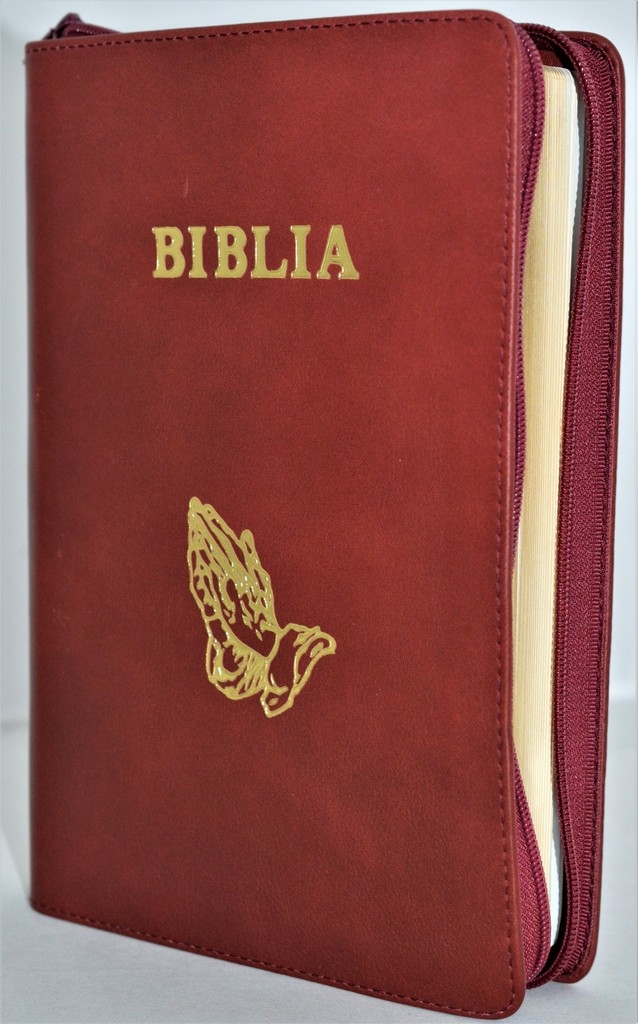 Biblia mare, din piele, culoare stacojiu, fermoar, margini aurii, simbol - maini in ruga, cuv. lui Isus in rosu [ SB 073 PFR]