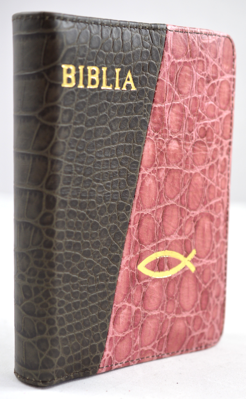 Biblia din piele, negru / stacojiu, dimensiune mica, fermoar, cu peste, cuv. lui Isus cu rosu  [043]