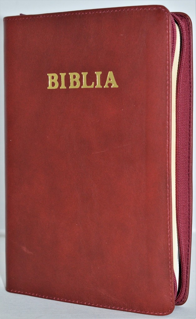 Biblia mare, din piele, culoare stacojiu, fermoar, margini aurii, simbol - simpla, cuv. lui Isus in rosu [ SB 073 PFR]