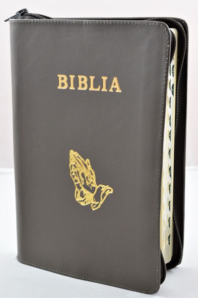 Biblie mare, piele, culoare oliv inchis, fermoar, index, margini argintii, simbol maini in ruga, cuv. Isus cu rosu [SI 073 PFI]
