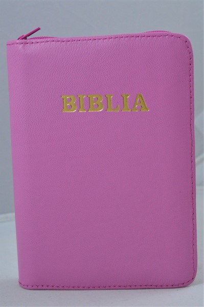 Biblie din piele, mica, culoare roz, fermoar, margini albe, cuv. lui Isus in rosu [043 PF]