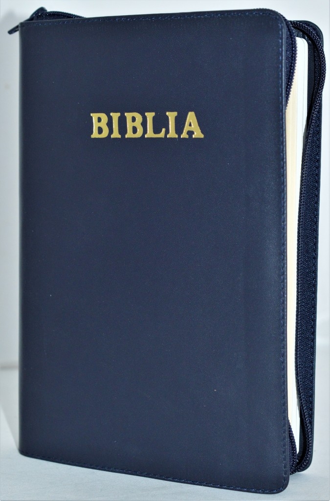 Biblia mare, din piele, culoare bleumarin inchis, fermoar, margini aurii, simbol - simpla, cuv. lui Isus in rosu [ SB 073 PFR]