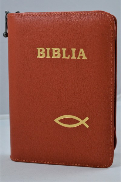 Biblie din piele, mica, caramizie, fermoar, margini albe, simbolul peste, cuv. lui Isus in rosu [043 PF]