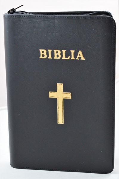 Biblie mare, piele, culoare neagra, fermoar, index, margini argintii, simbol cruce, cuv. Isus cu rosu [SI 073 PFI]