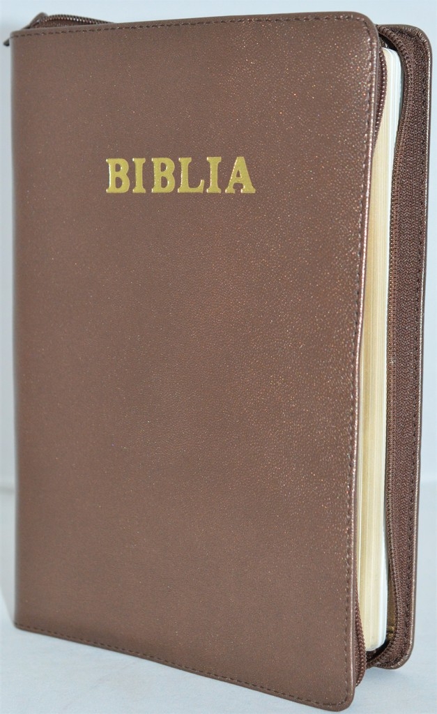Biblia mare, din piele, culoare maro sidefat, fermoar, margini aurii, simbol - simpla, cuv. lui Isus in rosu [ SB 073 PFR]
