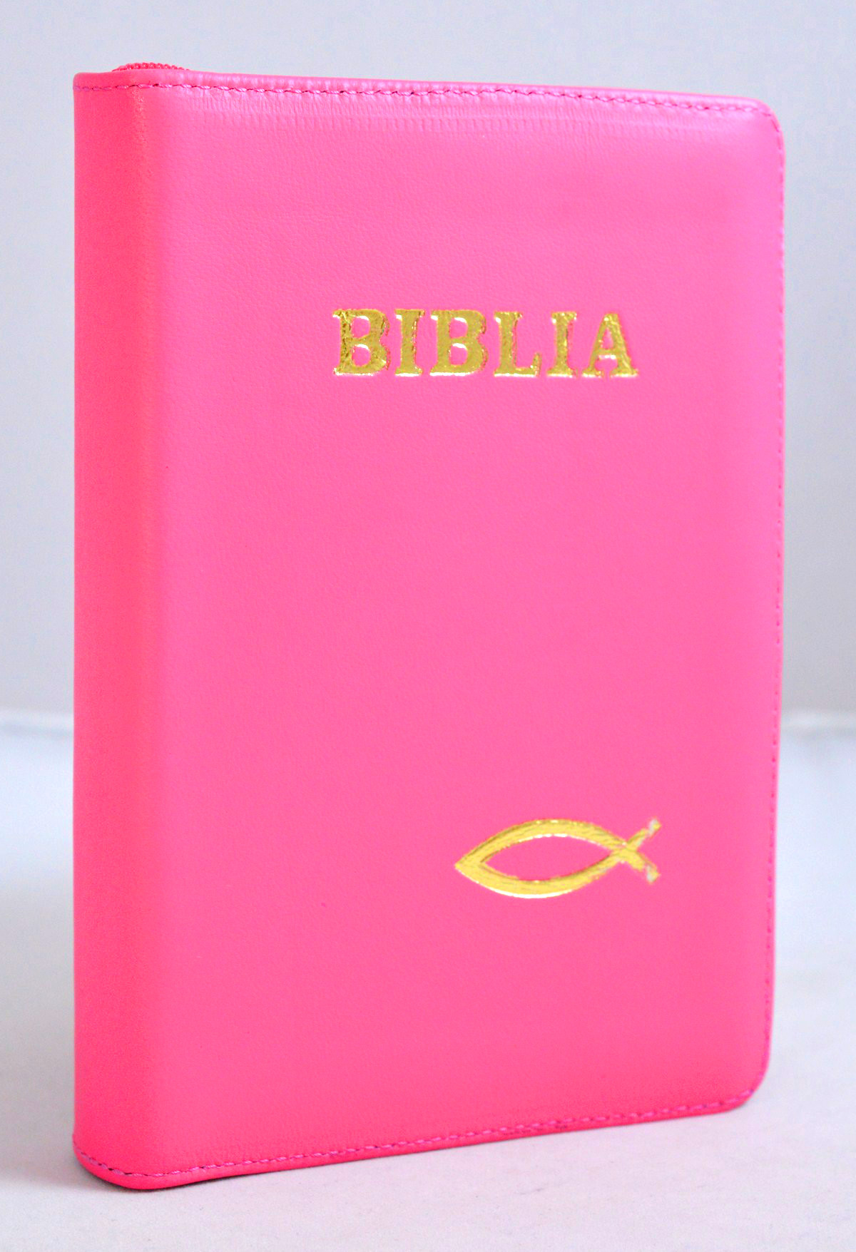 Biblie marime mica, din piele, culoare roz bombon, simbol peste, fermoar [043 PF]