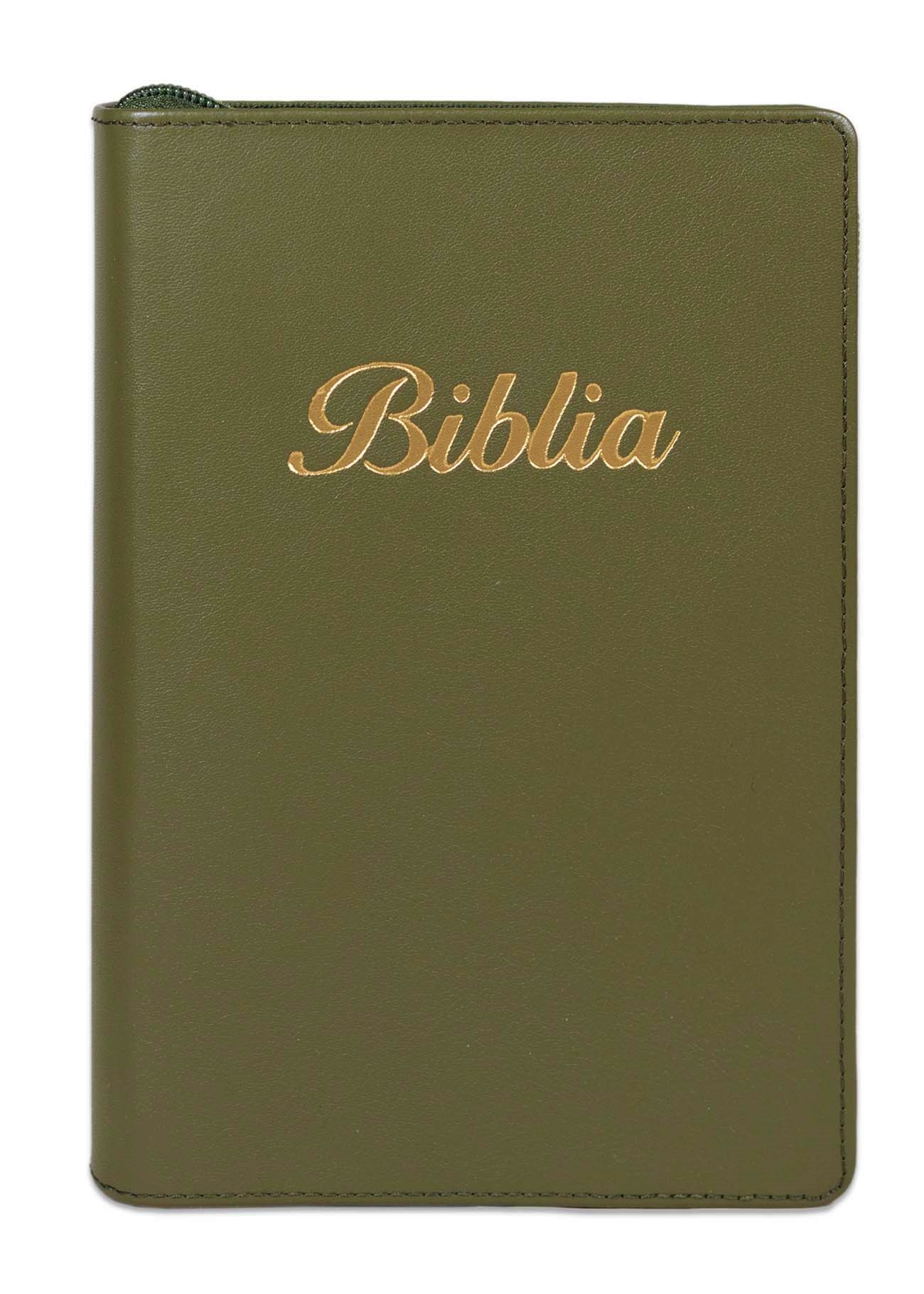 Biblia marime medie, culoare kaki, piele, fermoar, margini aurii, index, cuv. lui Isus cu rosu [MAR 057 PFI]