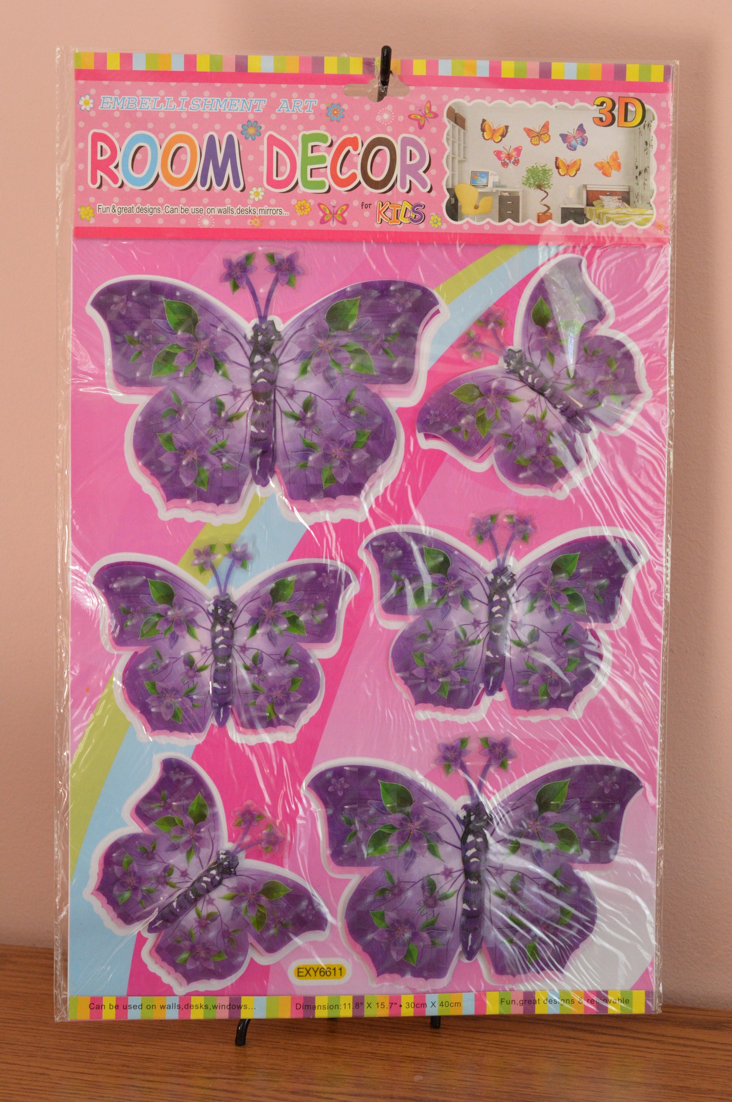 Fluturi decorativi 3D (set 6 buc) - mov cu model floricele