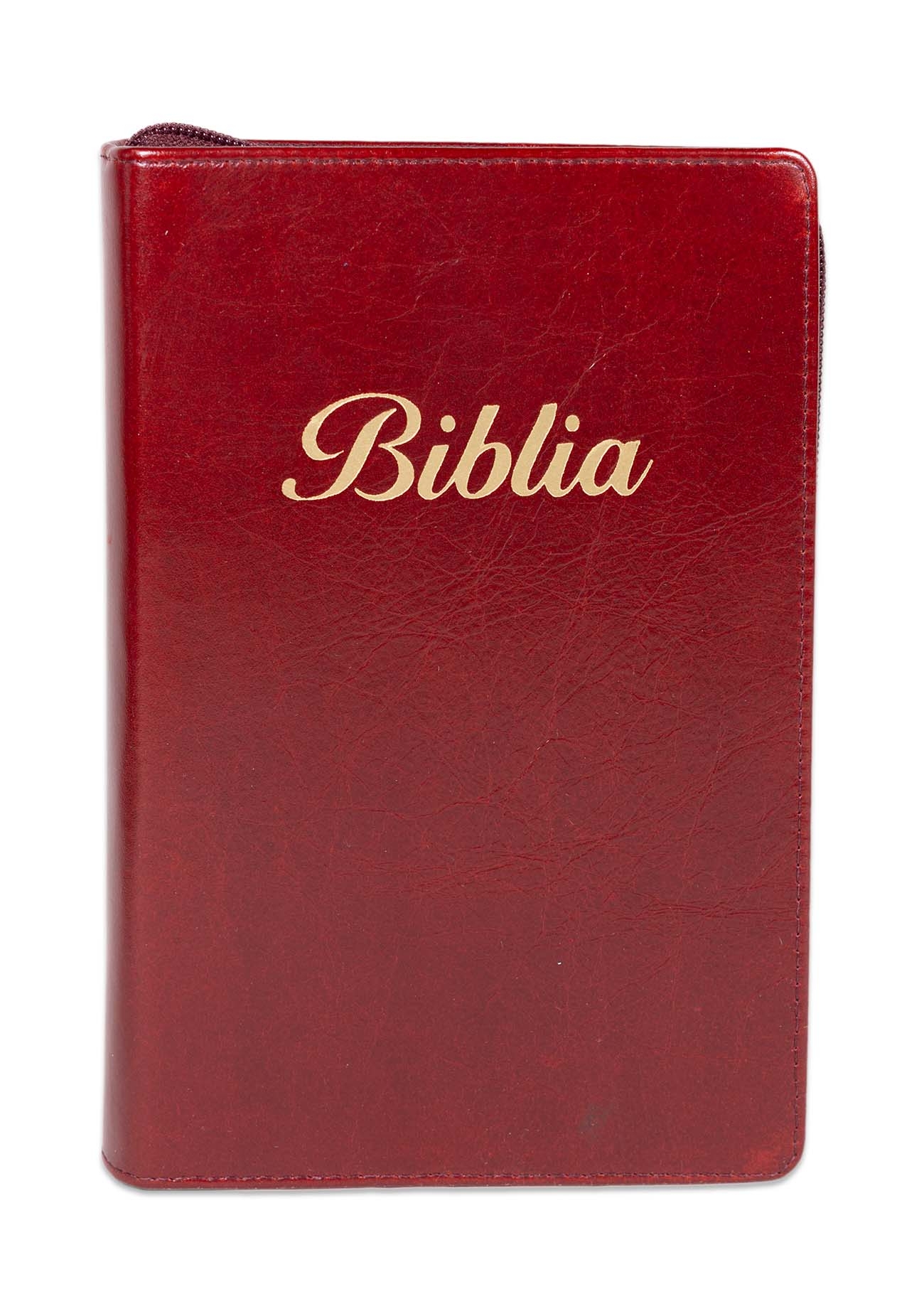 Biblia marime medie, culoare visinie, piele, fermoar, margini aurii, index, cuv. lui Isus cu rosu [MAR 057 PFI]
