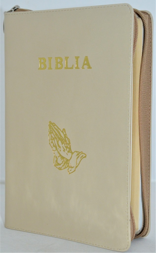 Biblia mare, din piele, culoare nuanta crem, fermoar, margini aurii, simbol - maini in ruga, cuv. lui Isus in rosu [ SB 073 PFR]