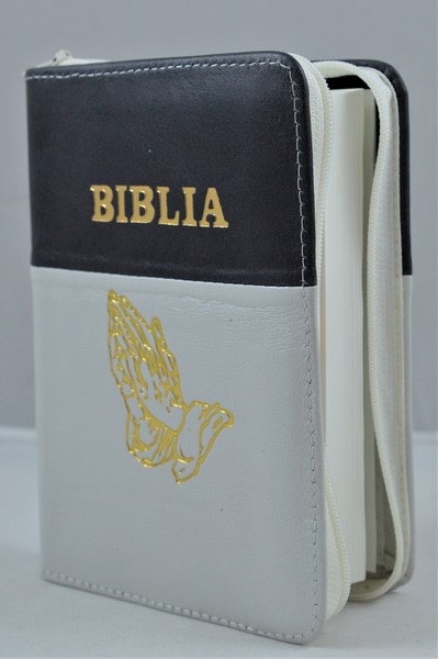 Biblie din piele, mica, ivory/gri, fermoar, margini albe, simbolul maini in ruga, cuv. lui Isus in rosu [043 PF]