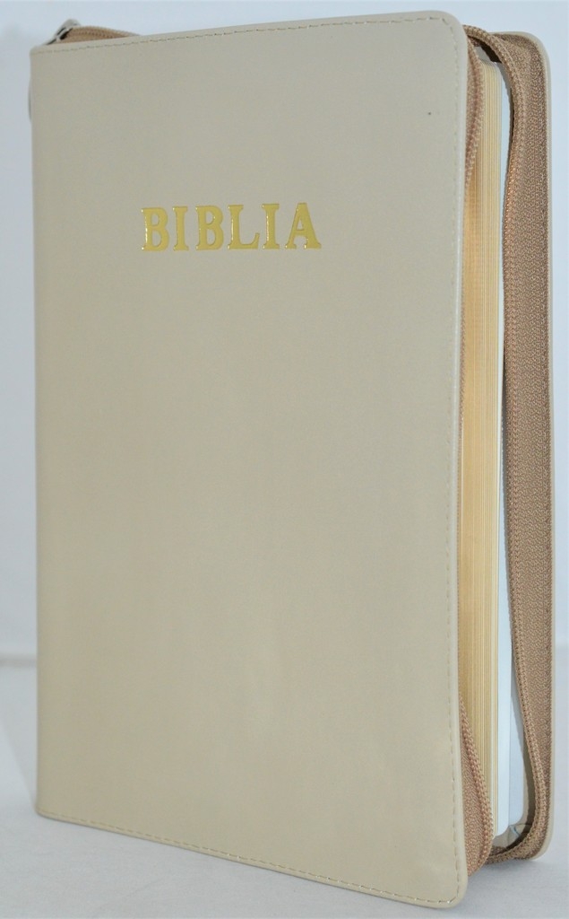 Biblia mare, din piele, culoare nuanta crem, fermoar, margini aurii, simbol - simpla, cuv. lui Isus in rosu [ SB 073 PFR]