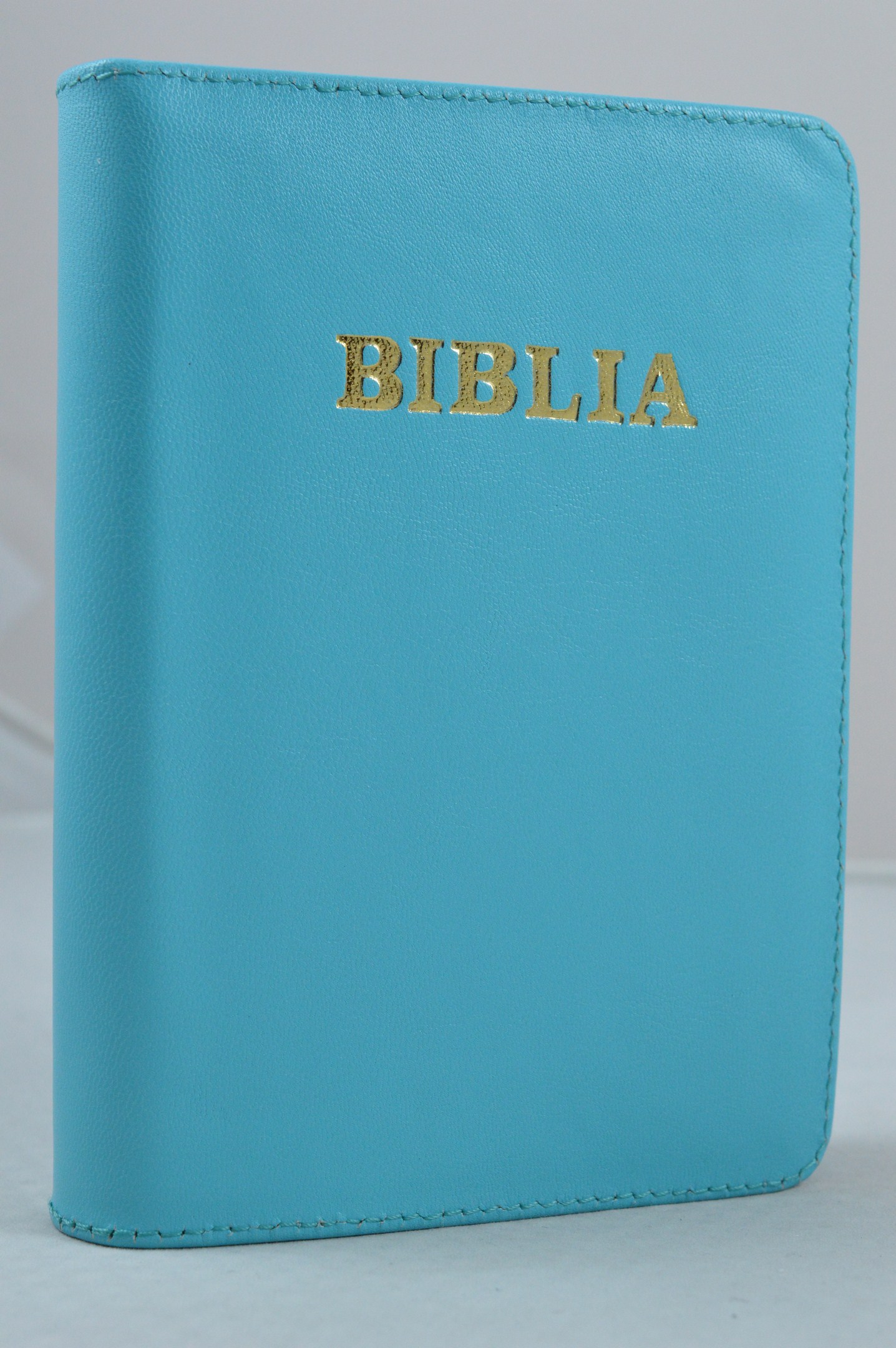 Biblia format mic, din piele, culoare turcoaz, index, fermoar, margini aurii, cuv. lui Isus in rosu [047 PFI]