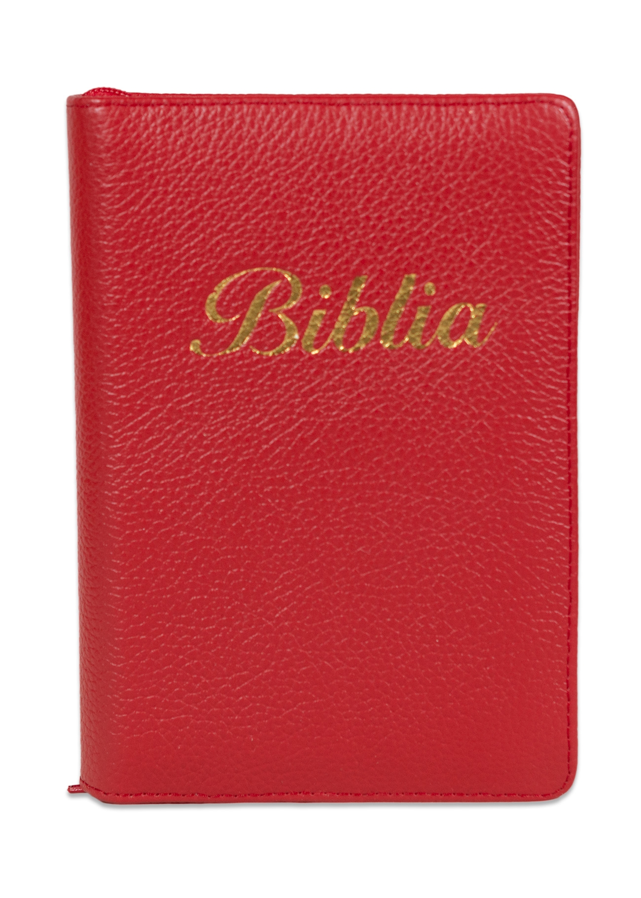 Biblia marime mica, rosie, piele, fermoar, margini argintii, index, cuv. lui Isus cu rosu [047 PFI]
