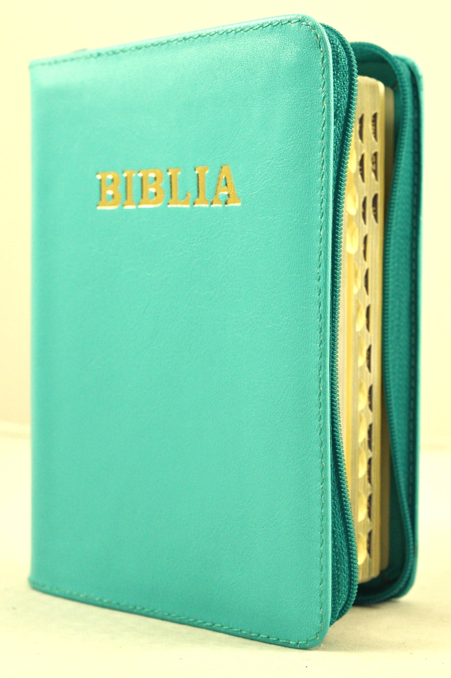Biblia mica, coperta piele, turcoaz deschis, index, fermoar, margini aurii, cuv. lui Isus in rosu [047 PFI]