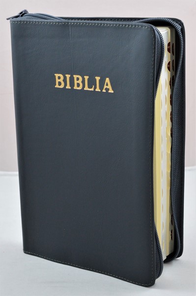 Biblie mare, piele, culoare gri inchis, fermoar, index, margini argintii, simbol simpla, cuv. Isus cu rosu [SI 073 PFI]