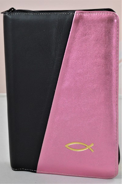 Biblie din piele, marime medie,culoare negru/roz sidefat simbol peste, fermoar, index, margini argintii, cuv. lui Isus cu rosu [SB 057 PFI]