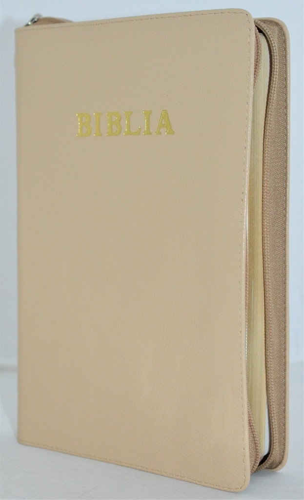Biblia mare, din piele, culoare bej, fermoar, margini aurii, simbol - simpla, cuv. lui Isus in rosu [ SB 073 PFR]