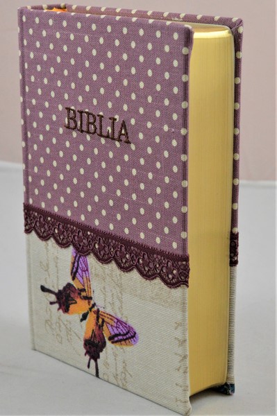 Biblia handmade, marime medie, coperta cartonata textila, model buline/fluture, margini aurii [SI 052 HM]